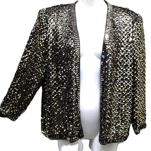 70s Sequin Crochet Cardigan Party Collectibles Size 10 Gold Silver Disco - Picture 2 of 16